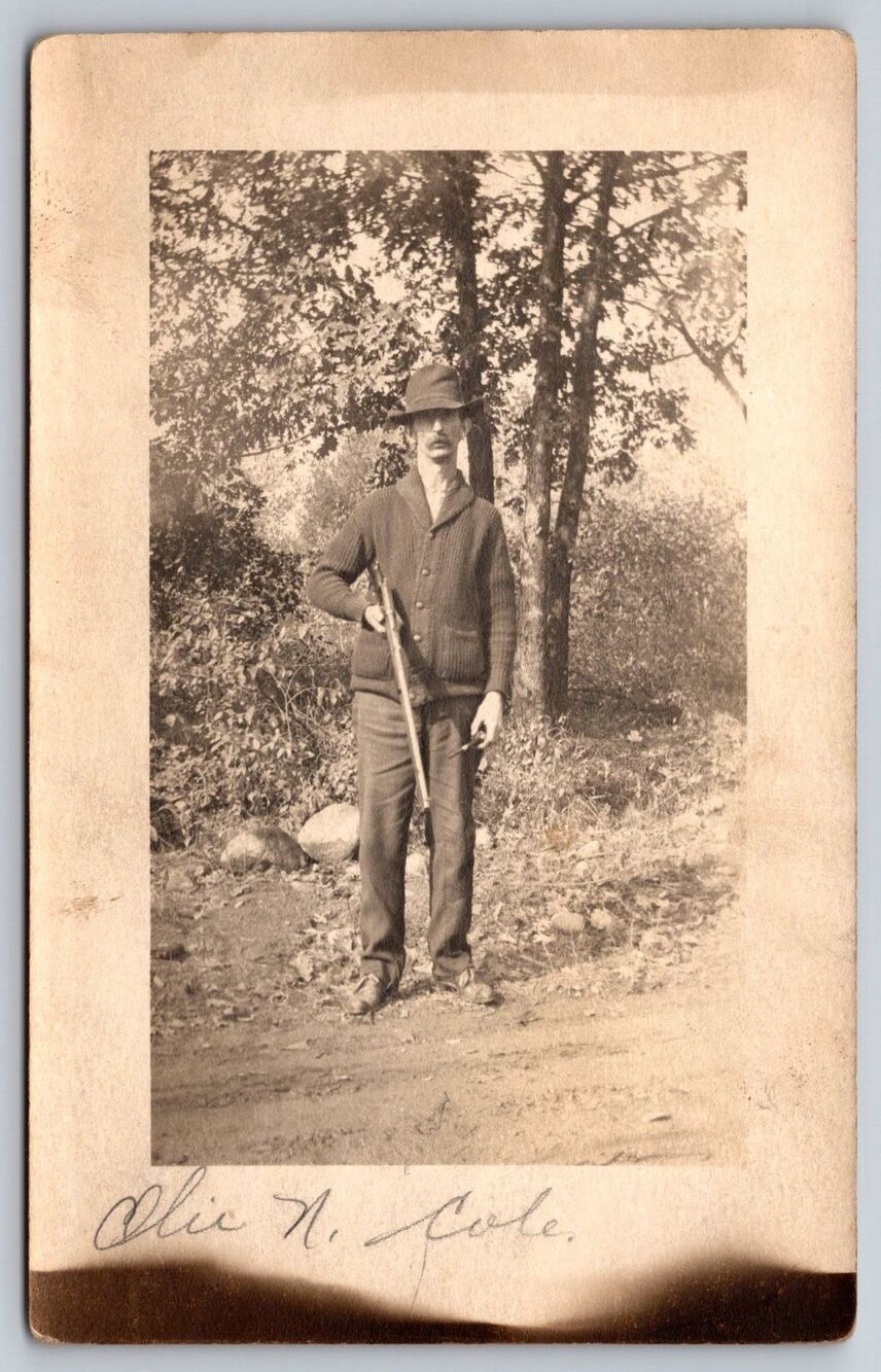 Vintage RPPC Olie N Cole Man Shotgun Rifle Gun Hunter Antique Velox Postcard Dad